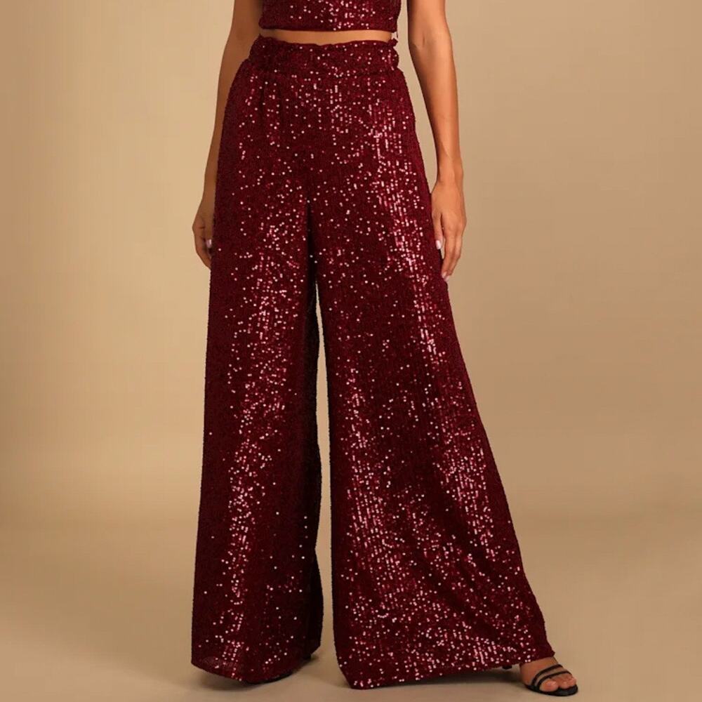 Lulus Flawless Sparkle Wine Red Sequin Wide-leg Pants Sz M